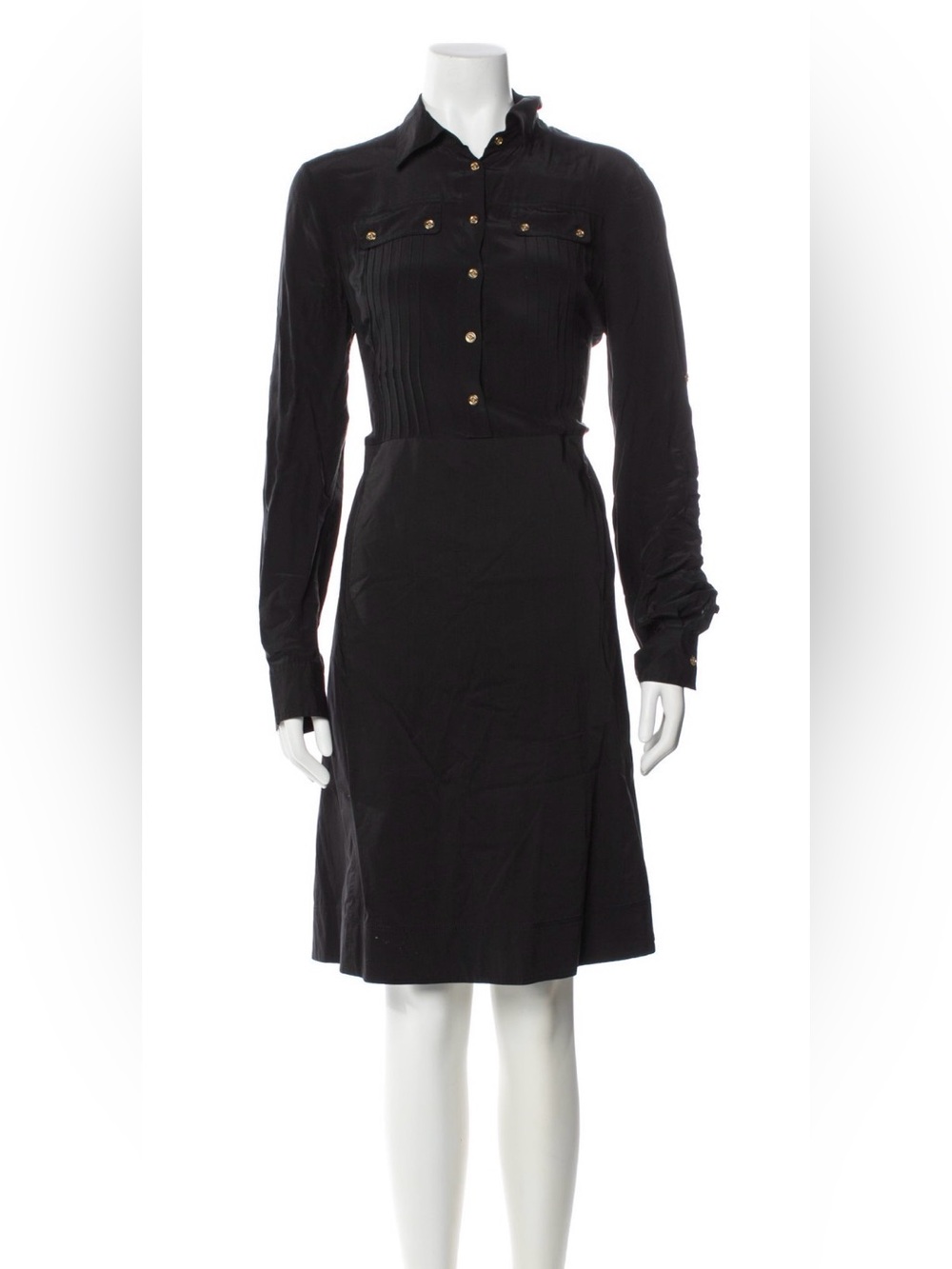 Tory Burch Black Long-Sleeve Button-Up Dress with Gold Accents